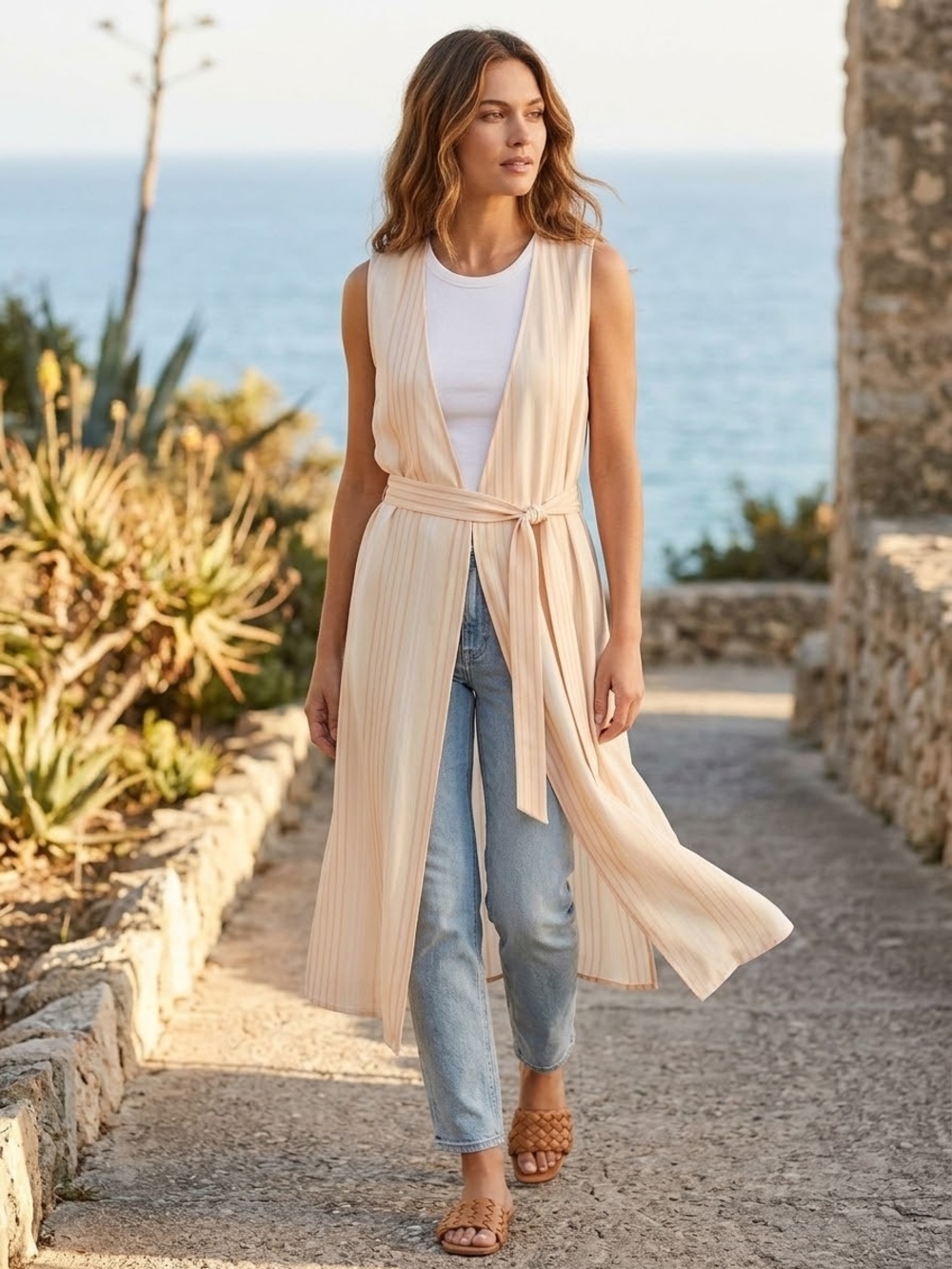 Calvin Klein Cream and Beige Long Sleeveless Belted Jacket